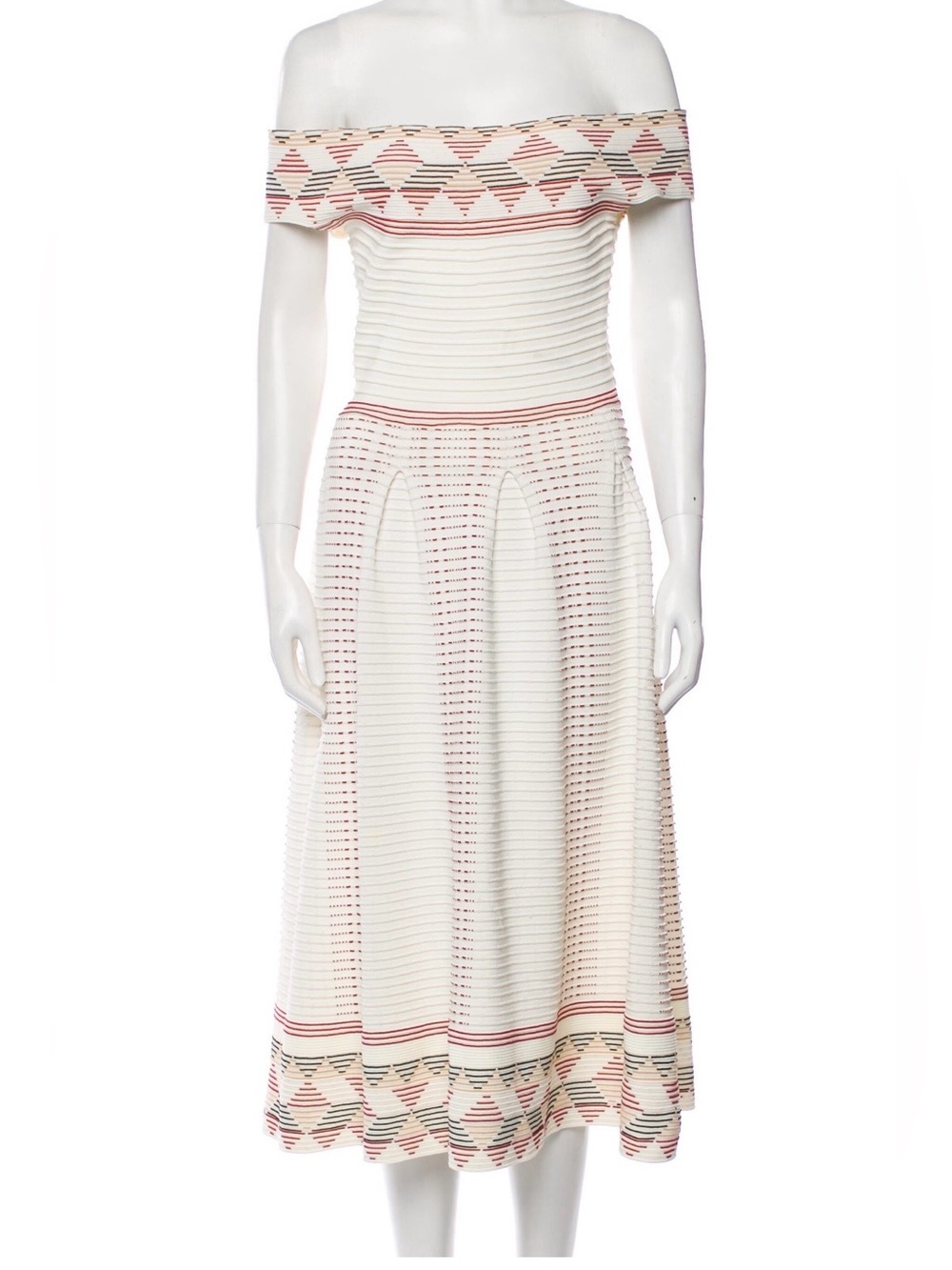 Maje Off-Shoulder  Midi Dress with Red and Tan Trim